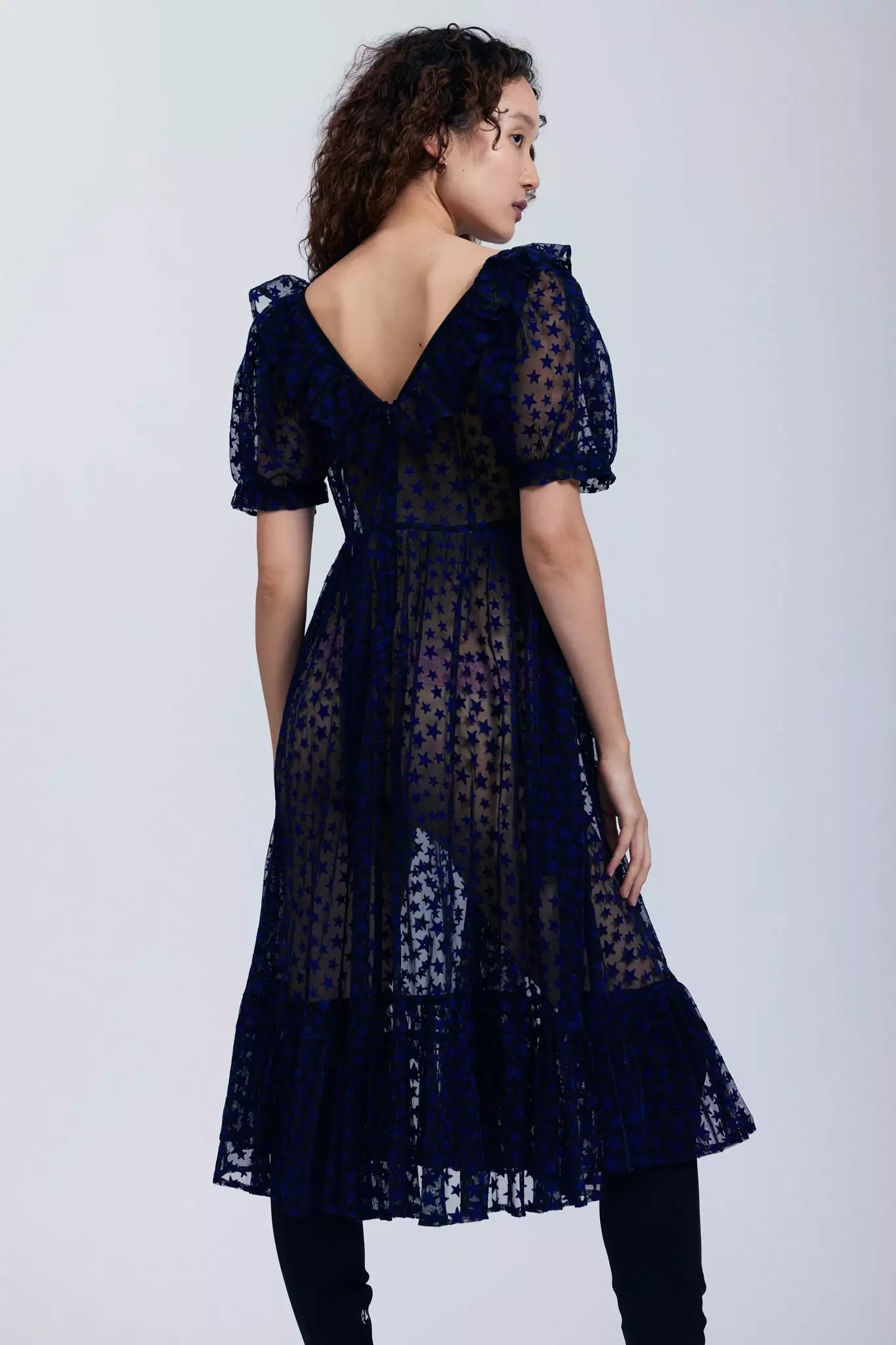 Ruffle May Dress in Midnight Blue Flocked Star