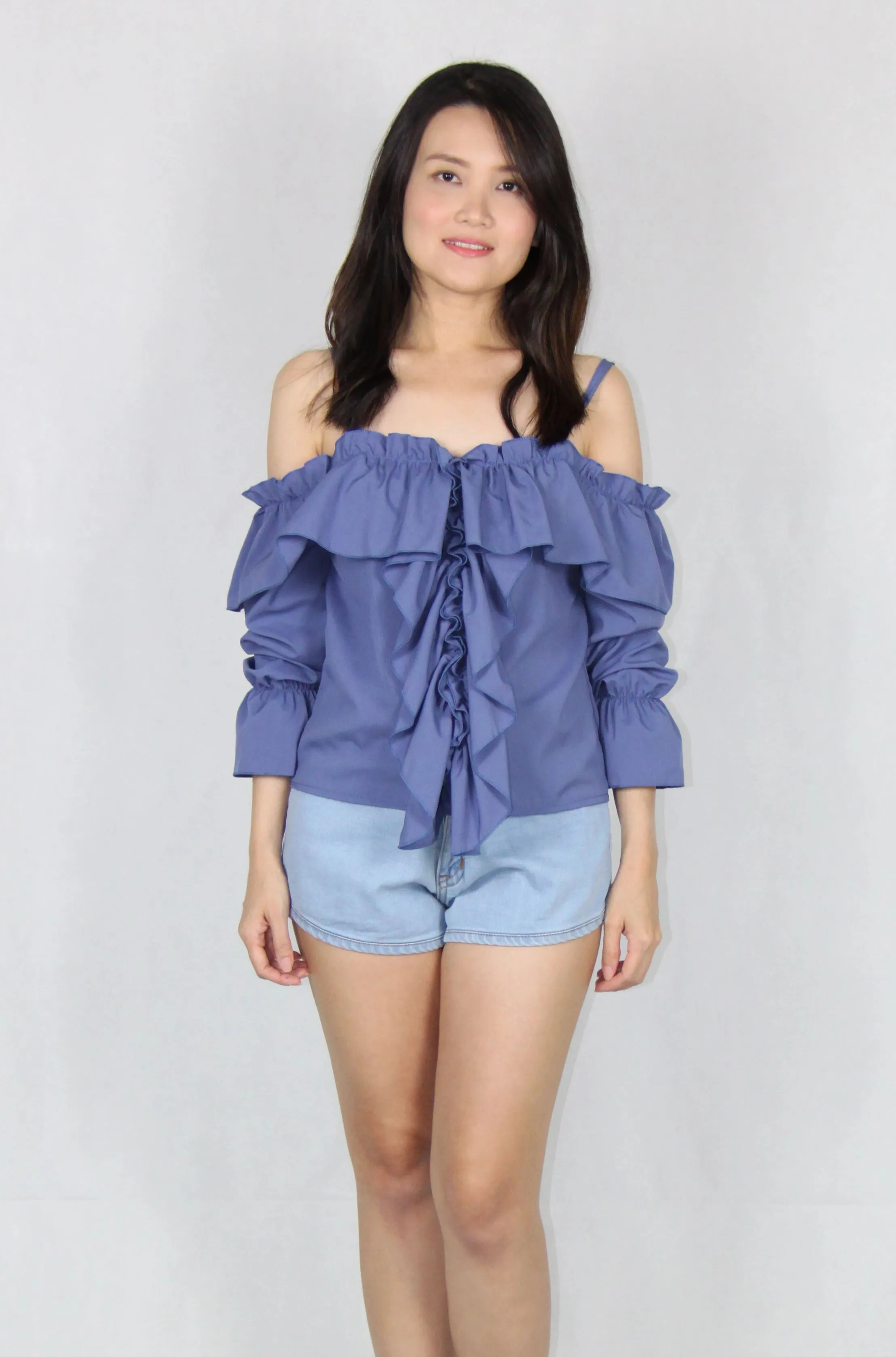 Ruffles Long Sleeve Cold Shoulder Top in Blue