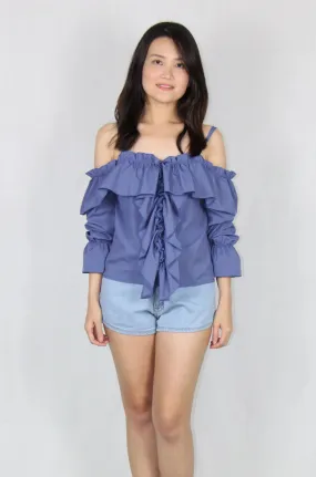 Ruffles Long Sleeve Cold Shoulder Top in Blue