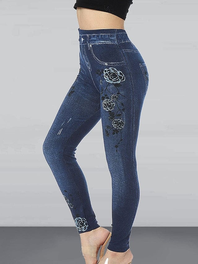 Slim Fit High Waist Ankle-Length Denim Leggings with Pockets