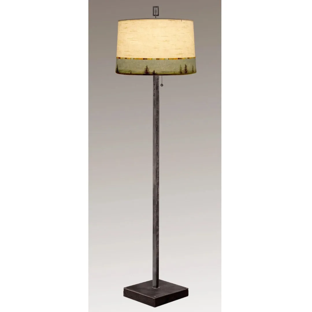 Steel Floor Lamp on Reclaimed Wood with Large Drum Shade in Birch Midnight