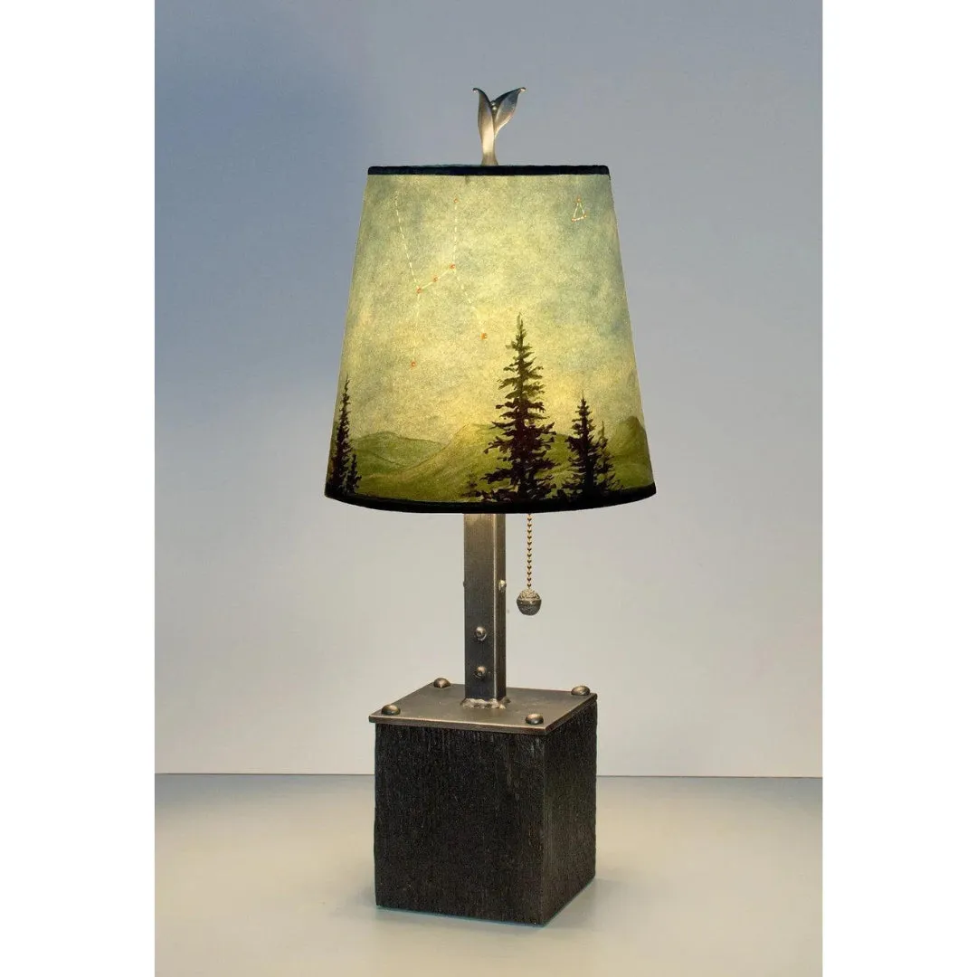 Steel Table Lamp on Reclaimed Wood with Small Drum Shade in Midnight Sky