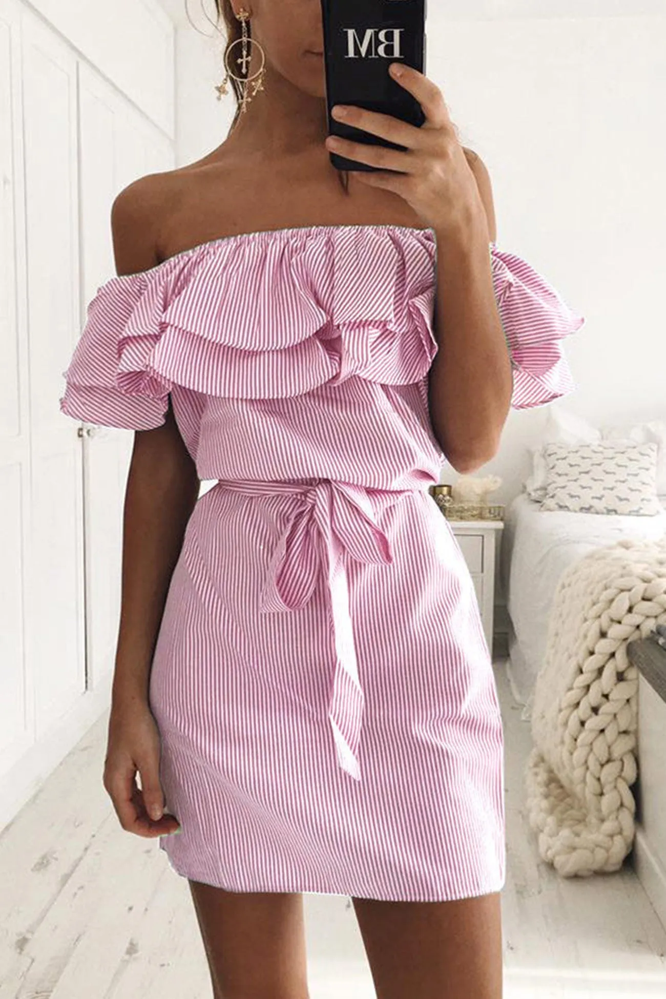 Striped Ruffle Off-shoulder Tie-up Dress