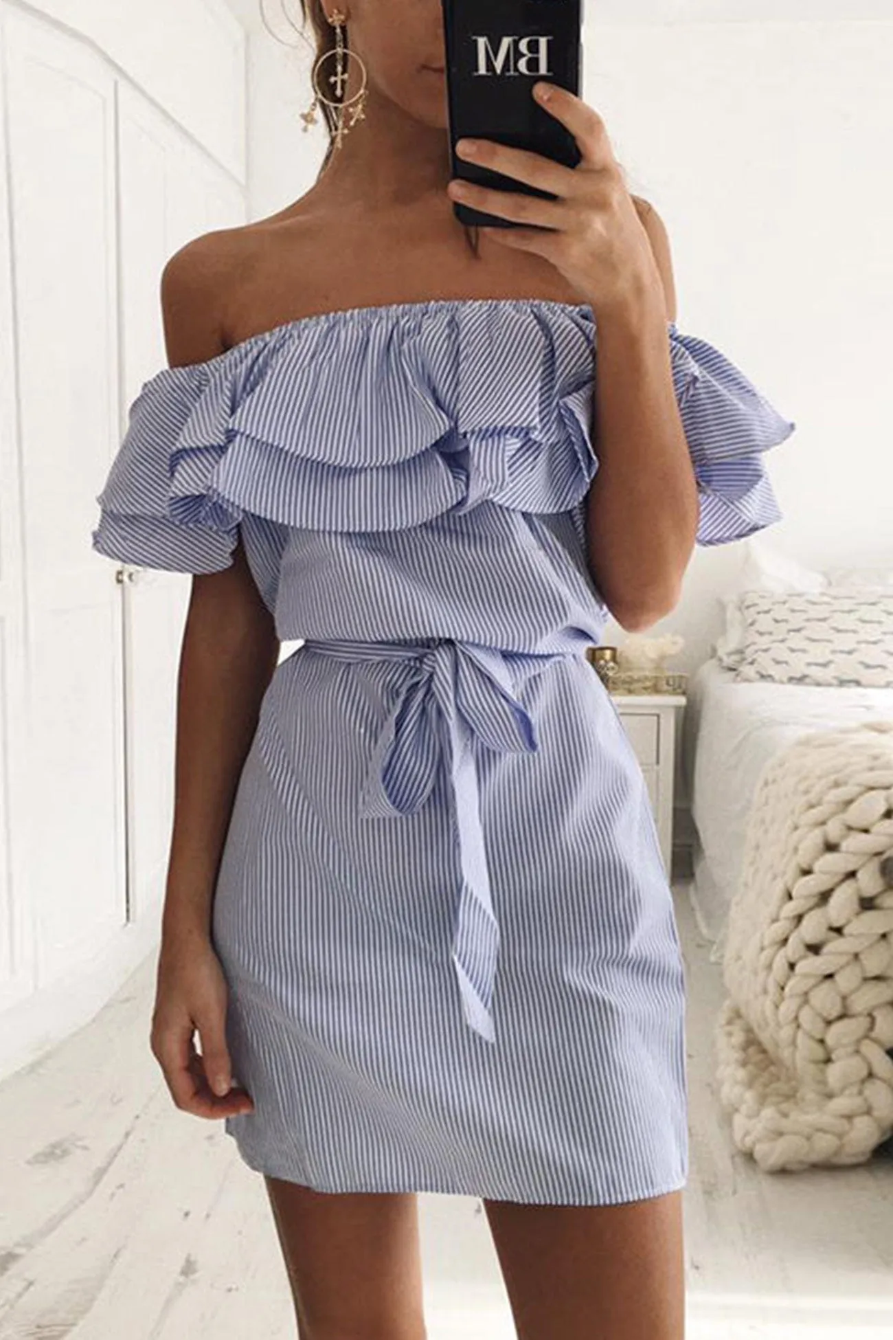 Striped Ruffle Off-shoulder Tie-up Dress