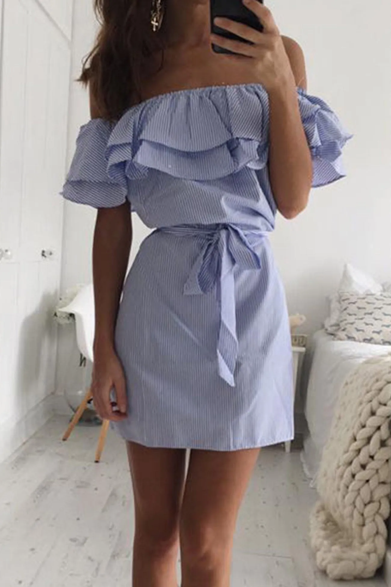 Striped Ruffle Off-shoulder Tie-up Dress