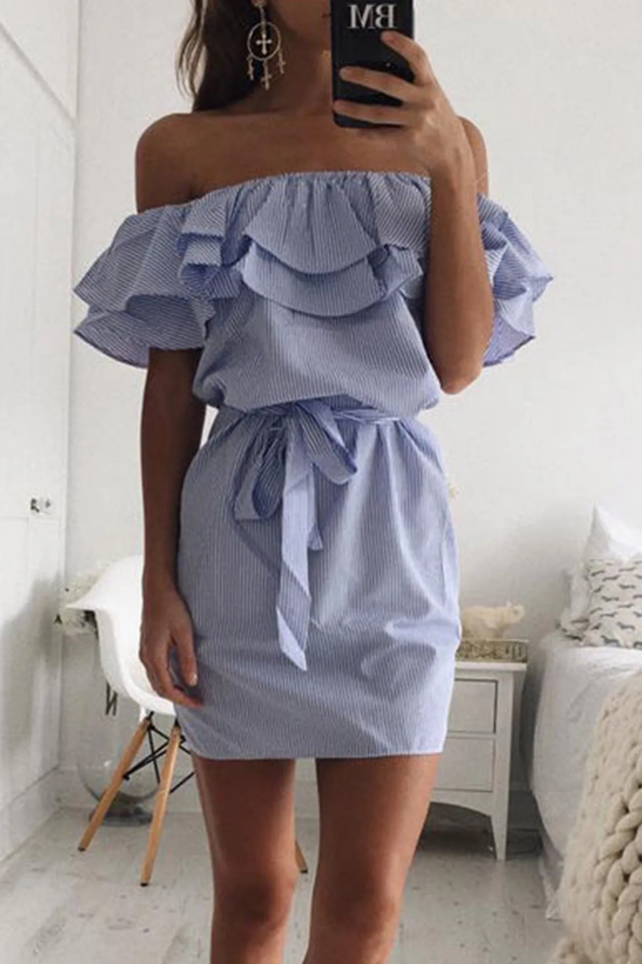 Striped Ruffle Off-shoulder Tie-up Dress