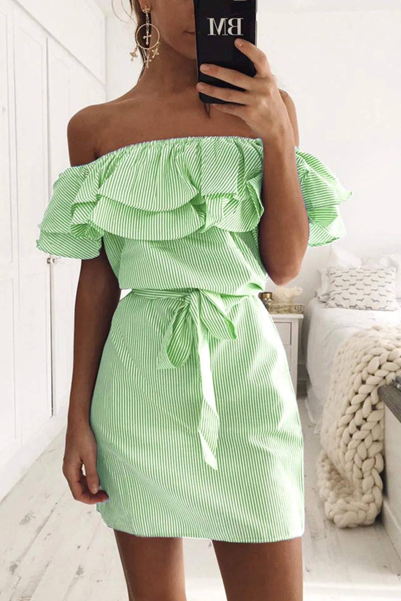 Striped Ruffle Off-shoulder Tie-up Dress