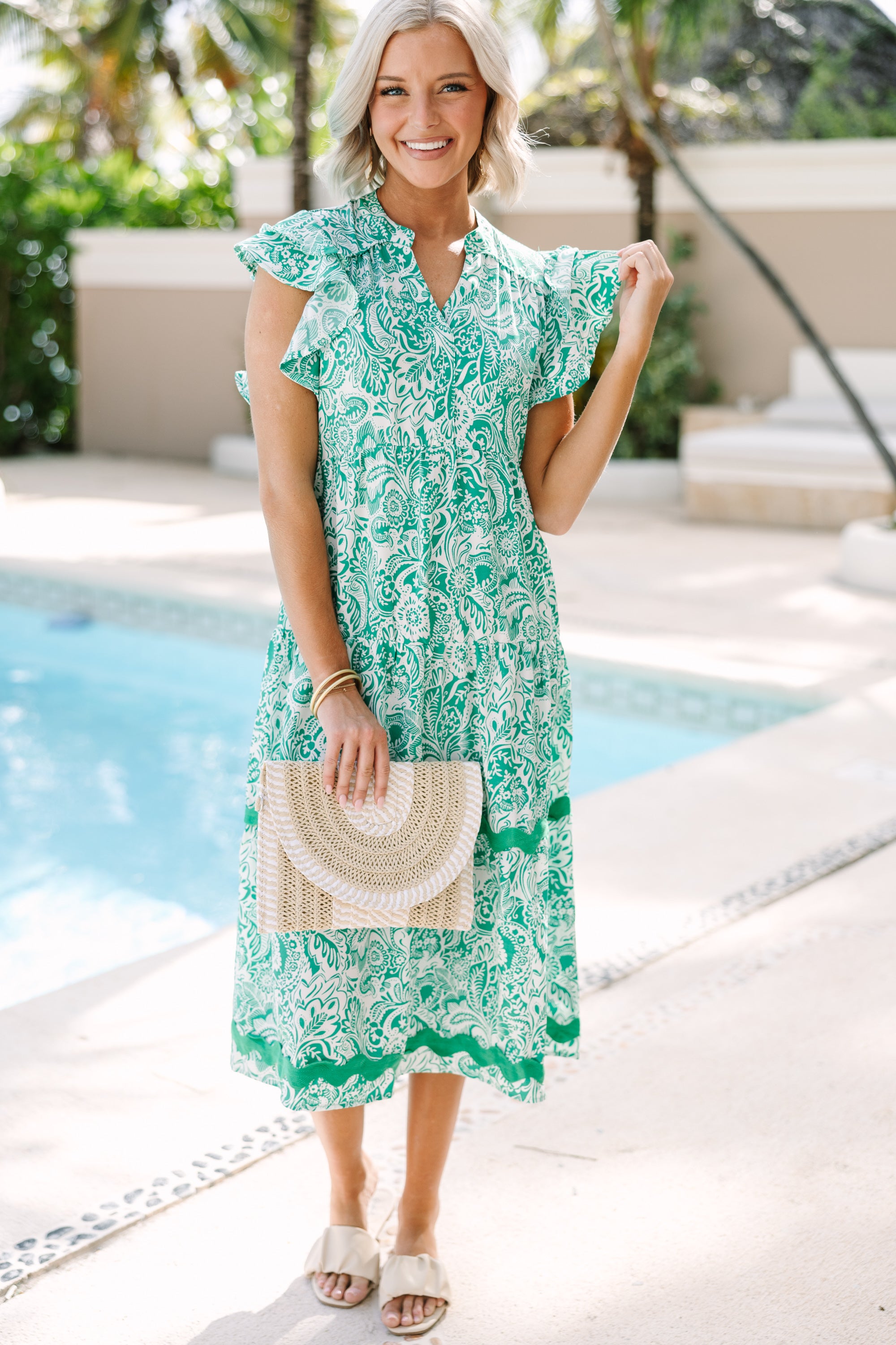 Sweet New Day Green Paisley Rickrack Midi Dress