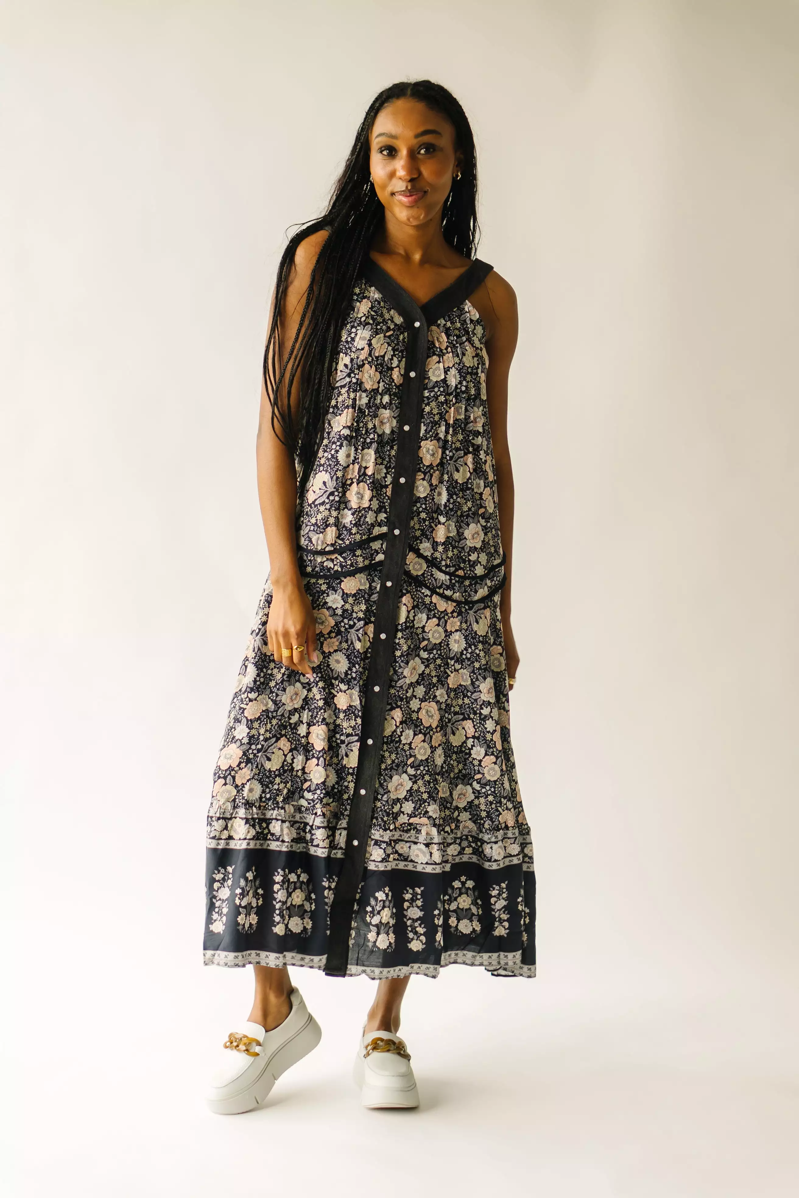 The Ender Mixed Floral V-Neck Maxi Dress in Midnight