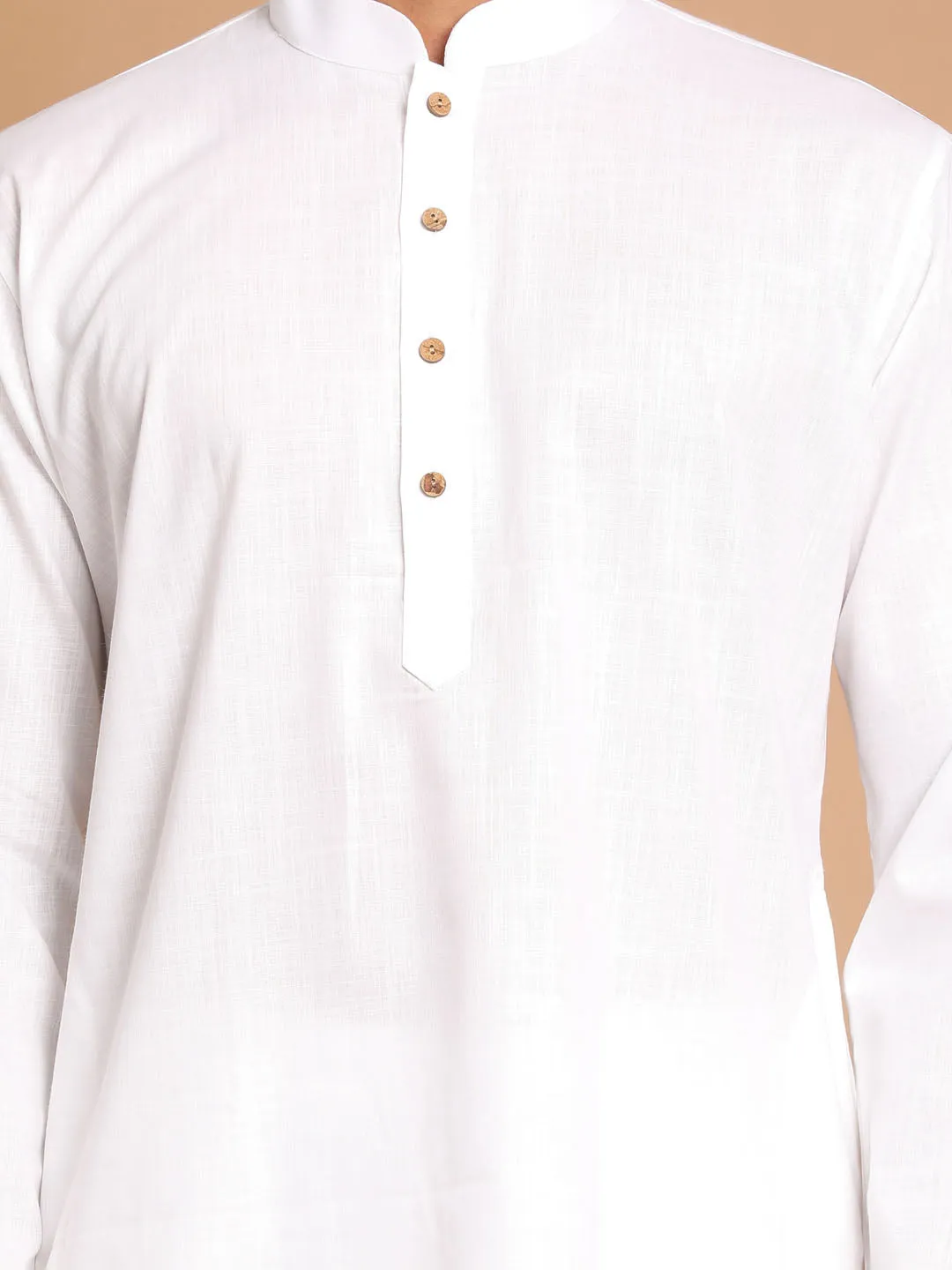 VASTRAMAY Men White Kurta And Cotton Pant Set With Prayer Cap