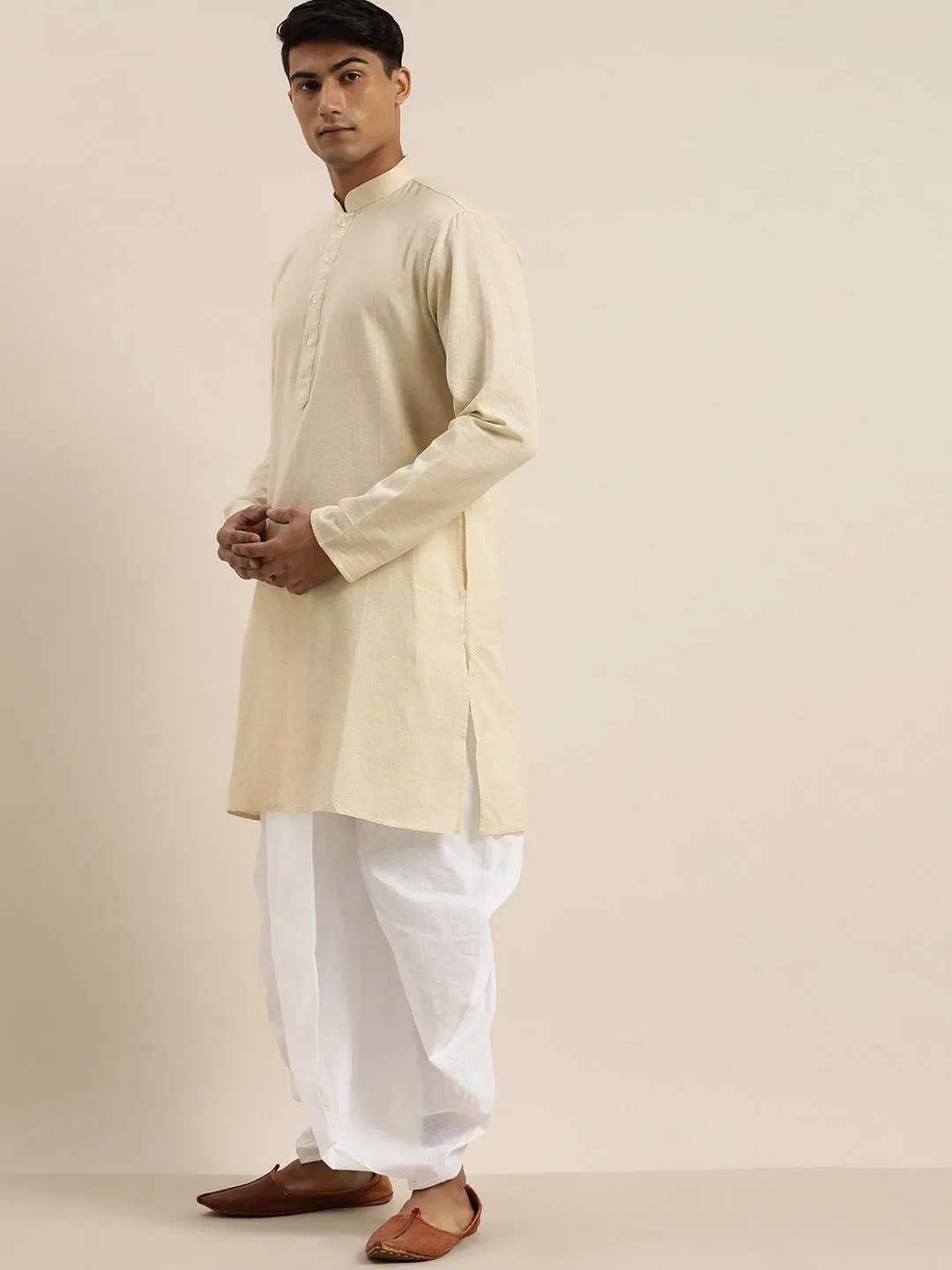 VASTRAMAY Men's Beige Pure Cotton Kurta with Dhoti Pant Set