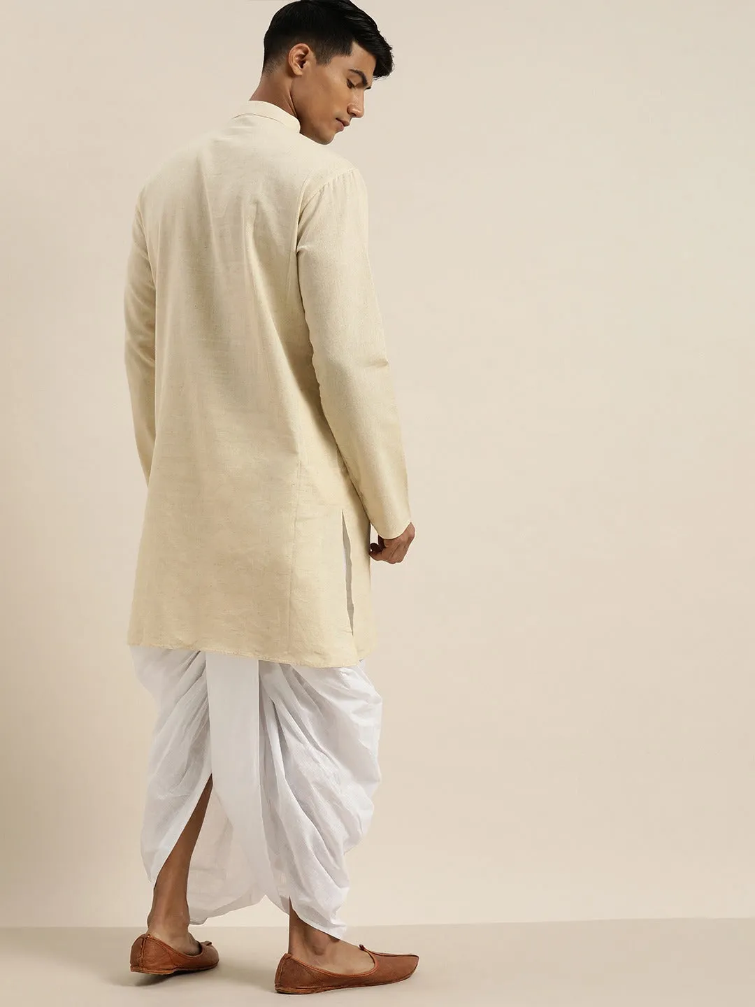 VASTRAMAY Men's Beige Pure Cotton Kurta with Dhoti Pant Set