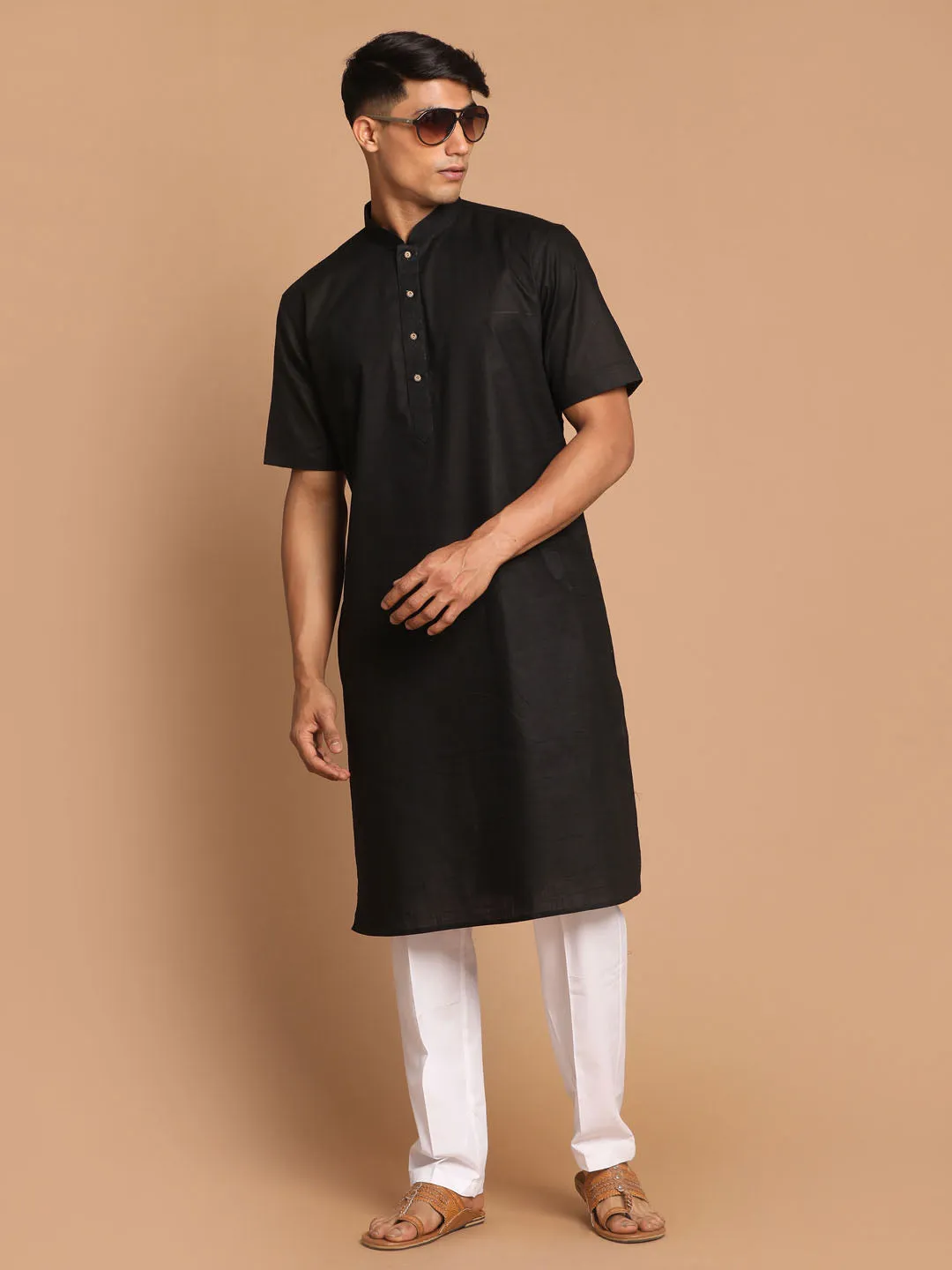 VASTRAMAY Men's Black Solid Kurta with White Pant style Cotton Pyjama Set