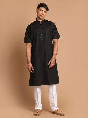 VASTRAMAY Men's Black Solid Kurta with White Pant style Cotton Pyjama Set