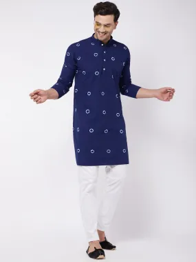 VASTRAMAY Men's Blue And White Cotton Kurta And Pant Style Cotton Pyjama Set