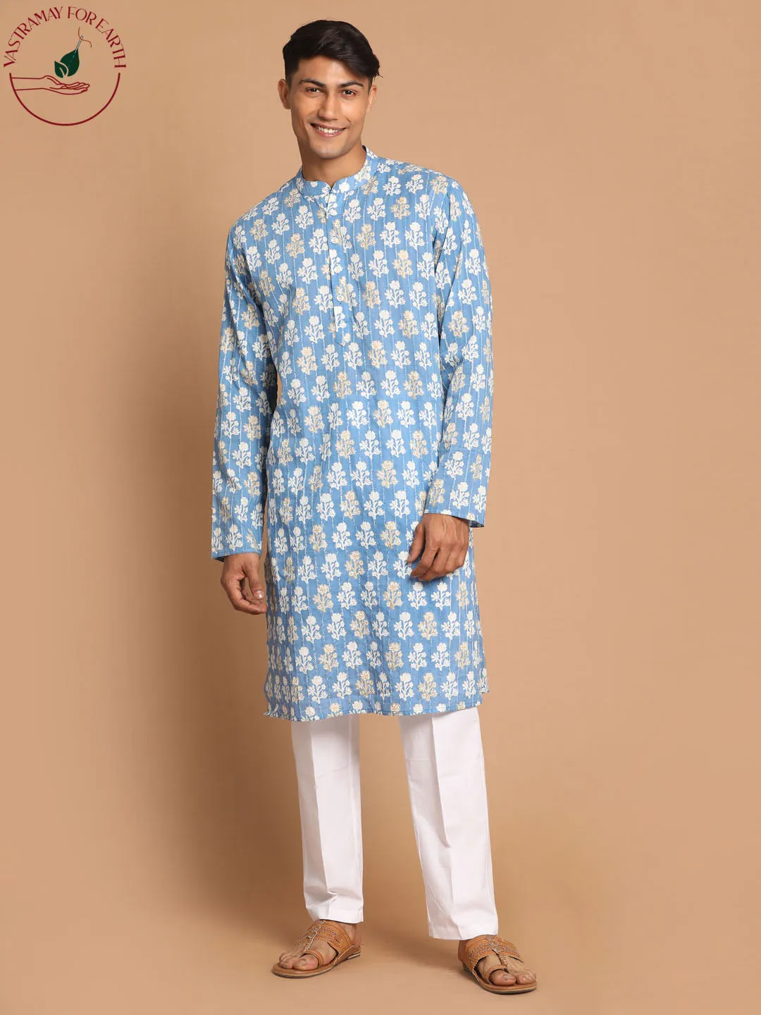 Vastramay Men's Blue Striped Sequined Kurta And White Cotton Pant set