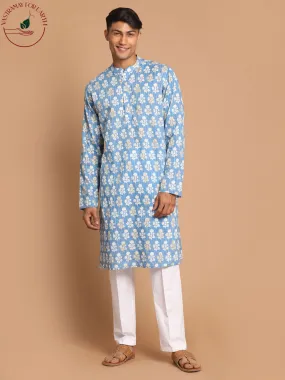 Vastramay Men's Blue Striped Sequined Kurta And White Cotton Pant set