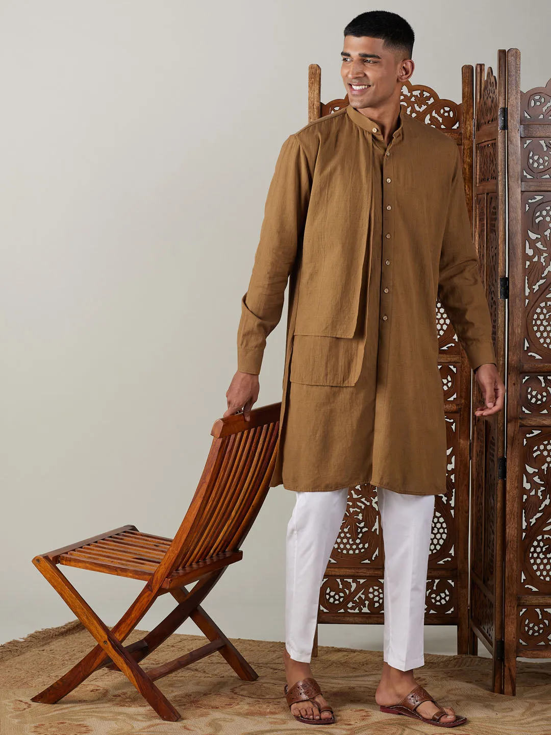 Vastramay Men's Coffee Cotton Cool Dyable Kurta with Cream Pant Set