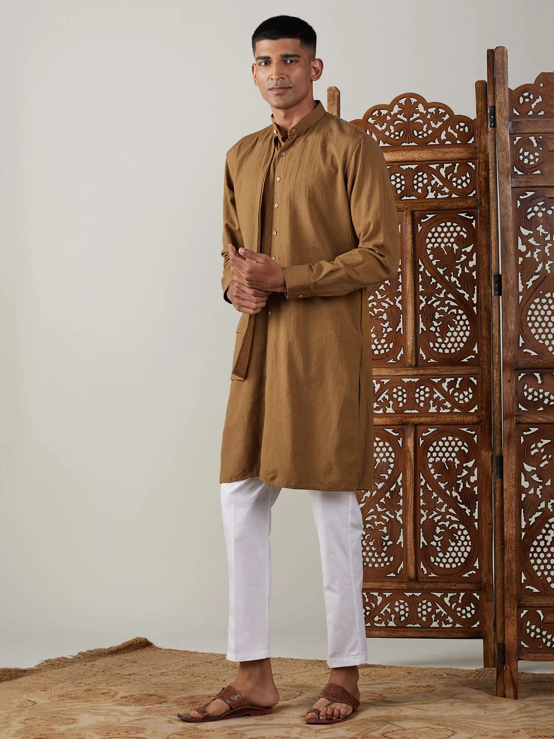 Vastramay Men's Coffee Cotton Cool Dyable Kurta with Cream Pant Set