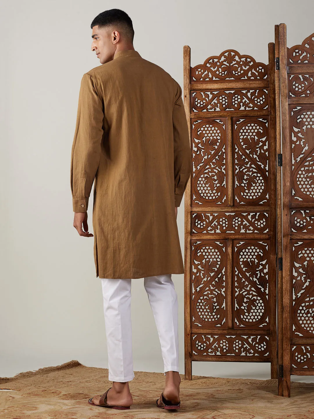 Vastramay Men's Coffee Cotton Cool Dyable Kurta with Cream Pant Set