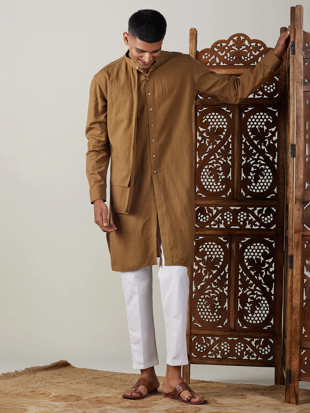 Vastramay Men's Coffee Cotton Cool Dyable Kurta with Cream Pant Set