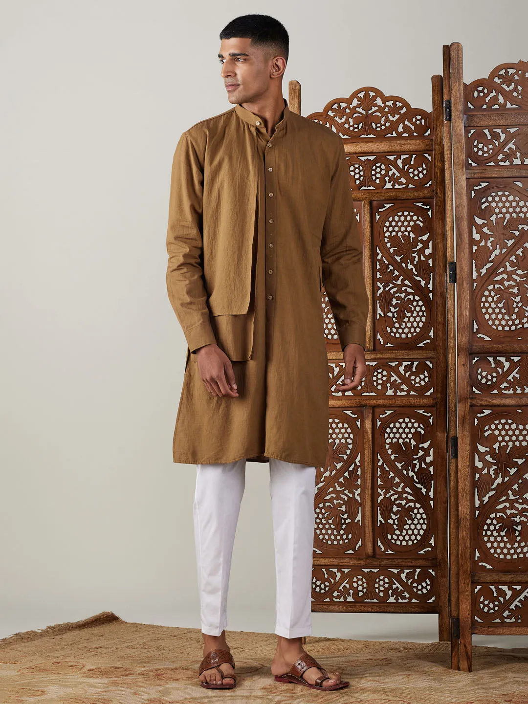 Vastramay Men's Coffee Cotton Cool Dyable Kurta with Cream Pant Set