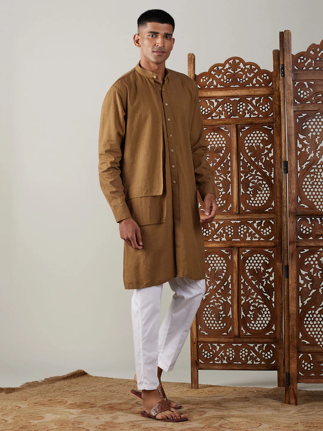 Vastramay Men's Coffee Cotton Cool Dyable Kurta with Cream Pant Set