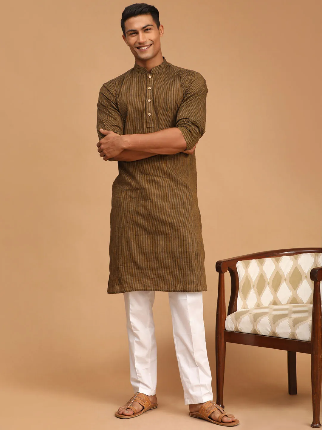 VASTRAMAY Men's Coffee Cotton Handloom Kurta with White Cotton Pant Set