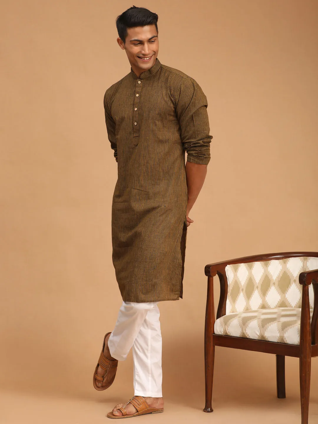 VASTRAMAY Men's Coffee Cotton Handloom Kurta with White Cotton Pant Set