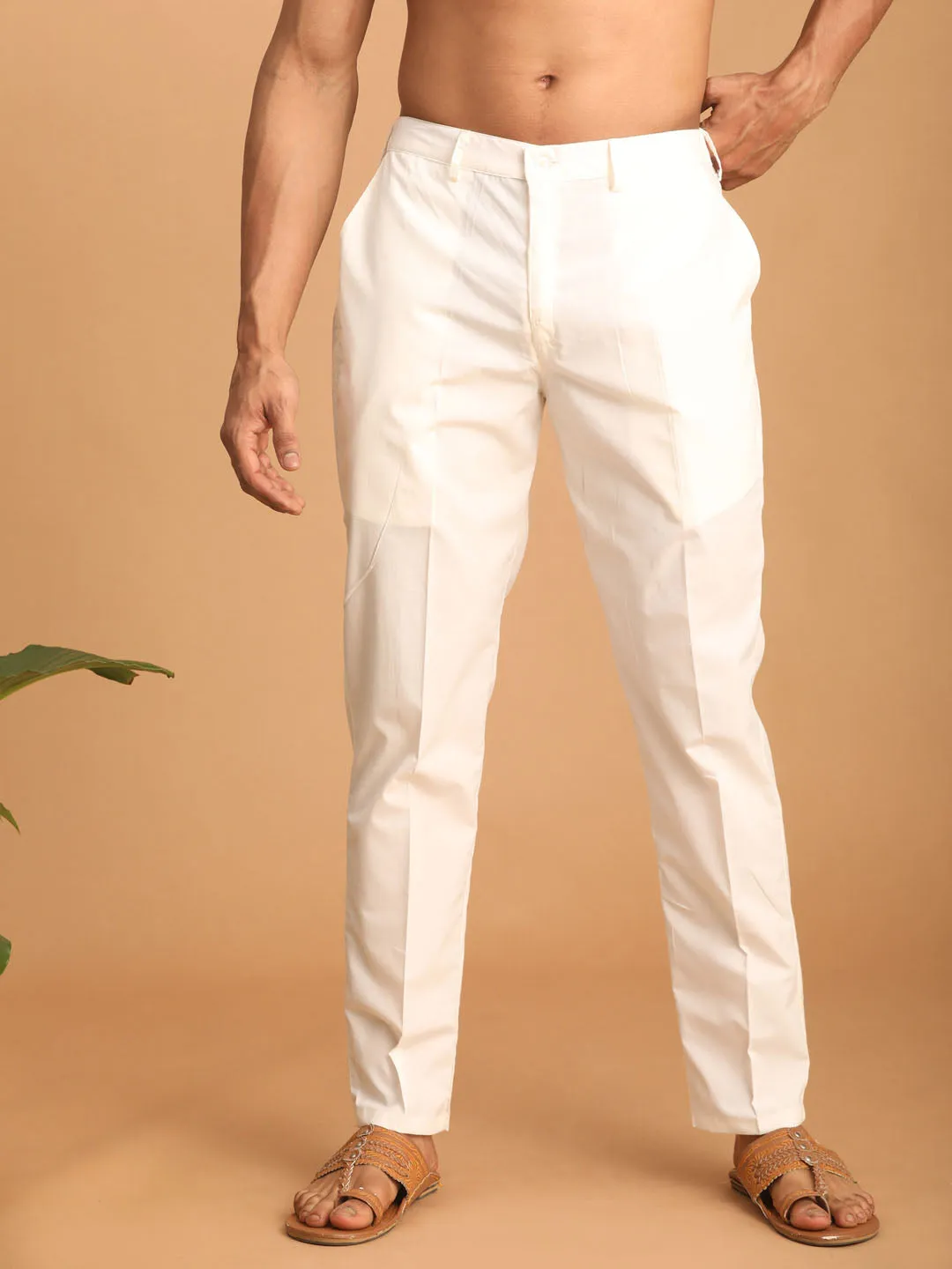 VASTRAMAY Men's Cream Cotton Pant Style Pyjama