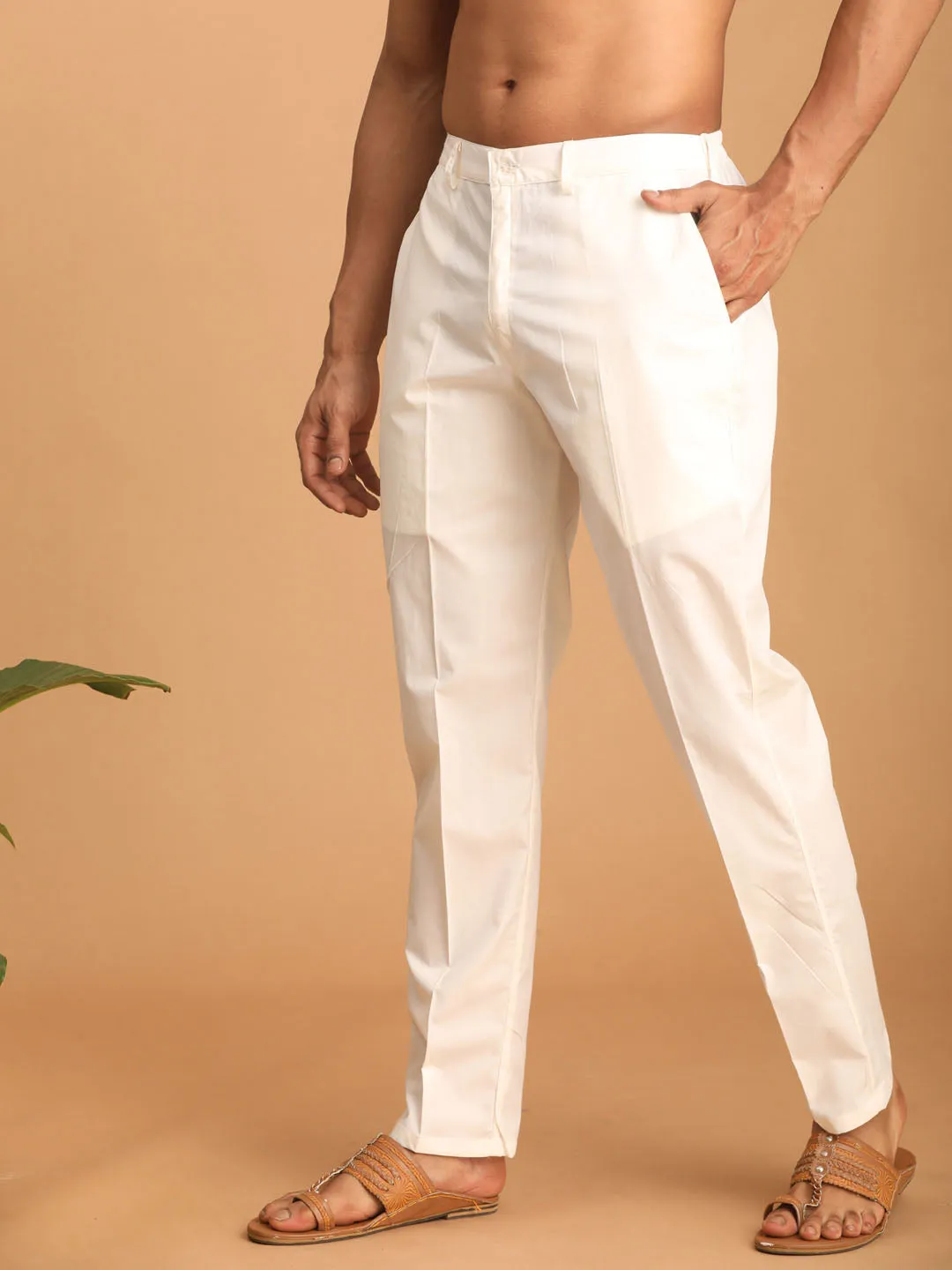 VASTRAMAY Men's Cream Cotton Pant Style Pyjama