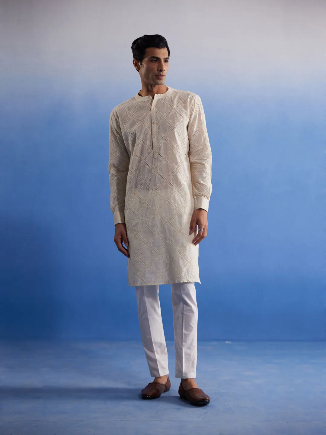 VASTRAMAY Men's Cream Hakooba Cotton Kurta With White Pant