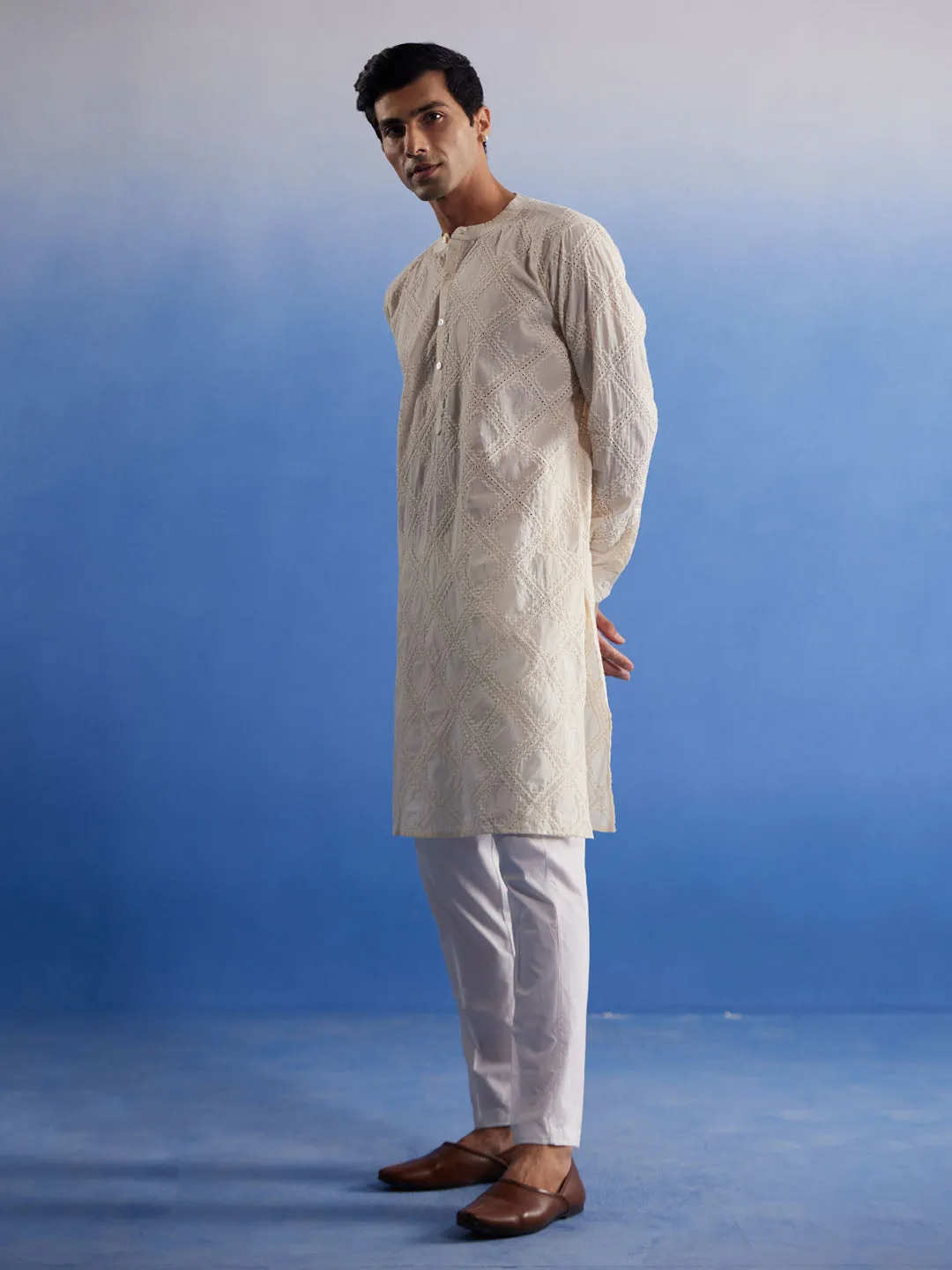 VASTRAMAY Men's Cream Hakooba Cotton Kurta With White Pant