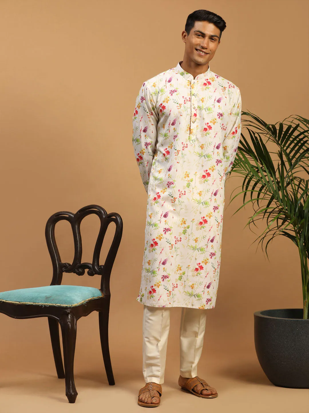 VASTRAMAY Men's Cream Printed Cotton Blend Kurta and Cream Viscose Pant Set