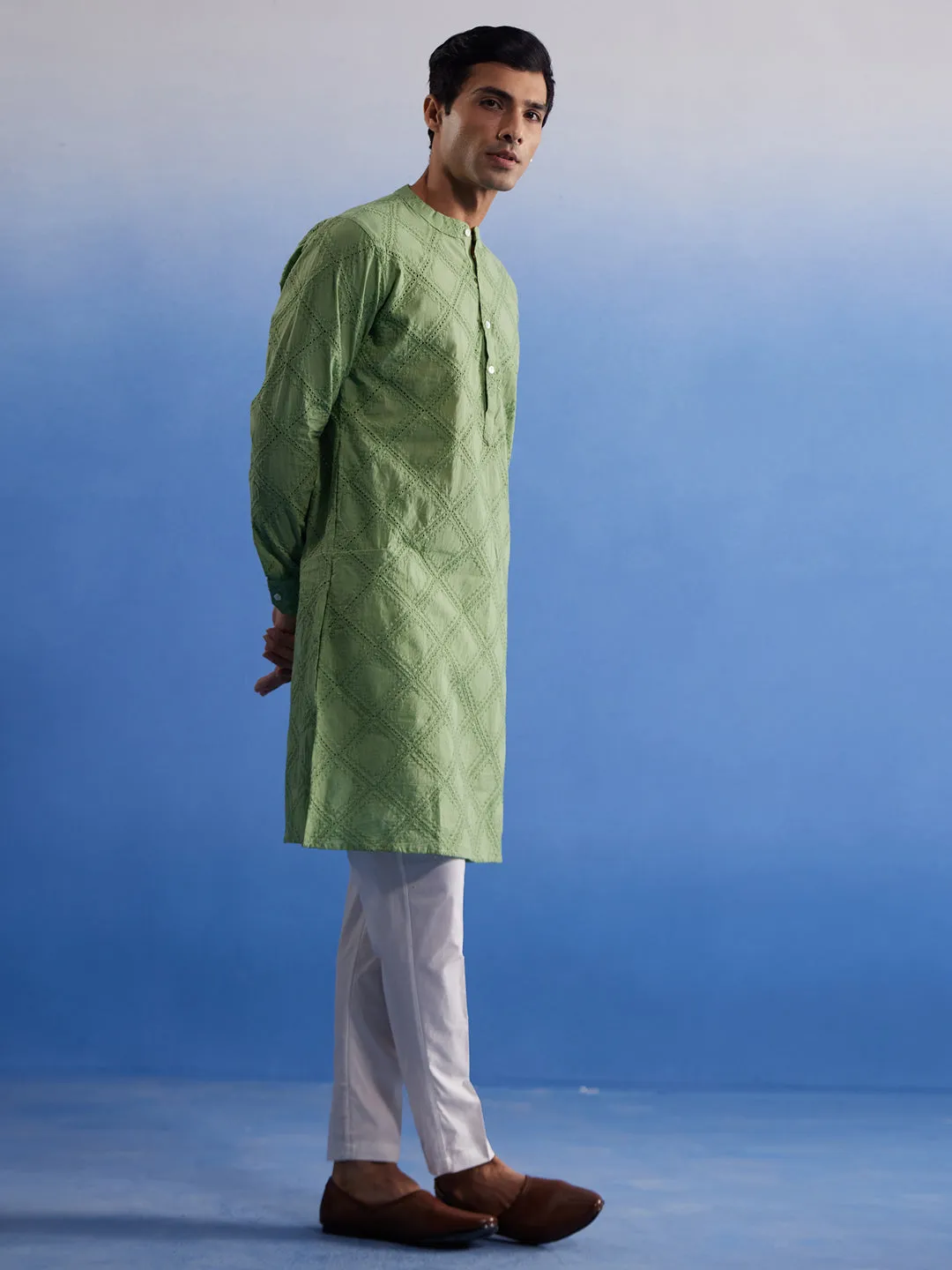 VASTRAMAY Men's Green Hakooba Cotton Kurta With White Pant