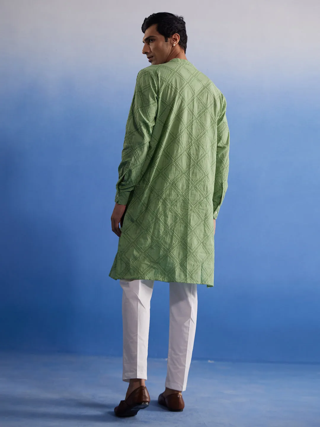 VASTRAMAY Men's Green Hakooba Cotton Kurta With White Pant