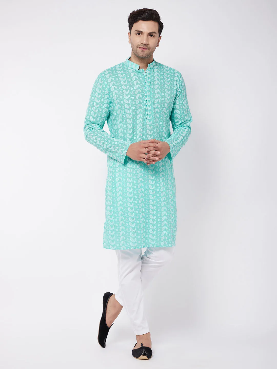 VASTRAMAY Men's Green Pure Cotton Chikankari Kurta With Pant set