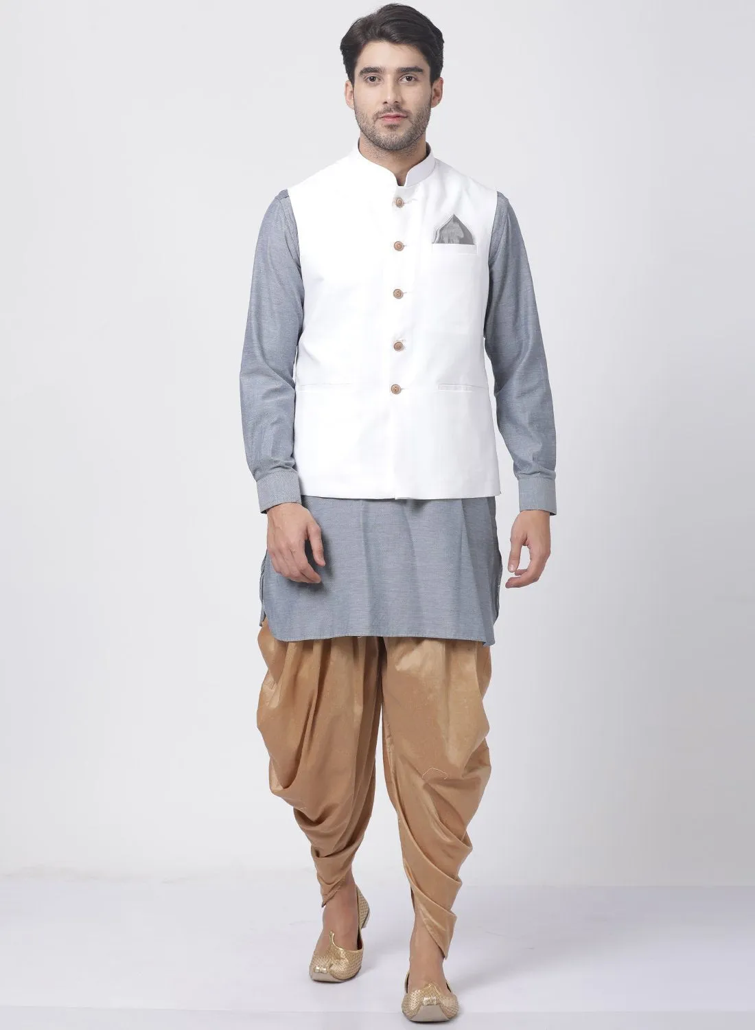 VASTRAMAY Men's Grey Cotton Blend Kurta, White Ethnic jacket and Dhoti Pant Set