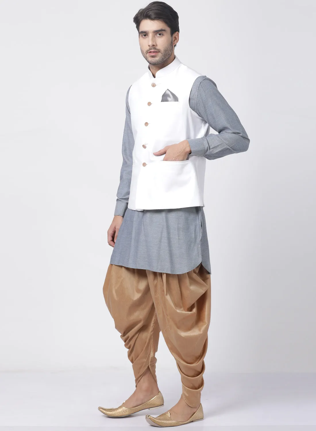 VASTRAMAY Men's Grey Cotton Blend Kurta, White Ethnic jacket and Dhoti Pant Set