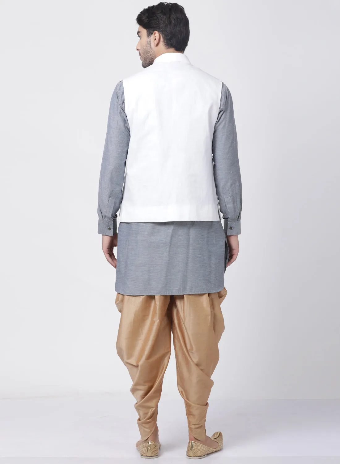 VASTRAMAY Men's Grey Cotton Blend Kurta, White Ethnic jacket and Dhoti Pant Set