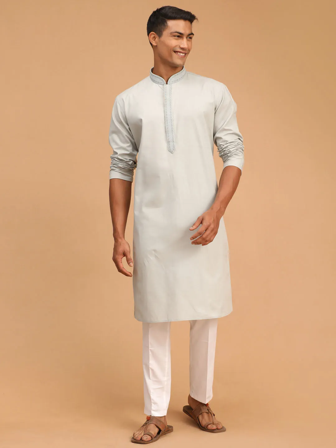 VASTRAMAY Men's Grey Cotton Kurta and Pant Style Pyjama Set