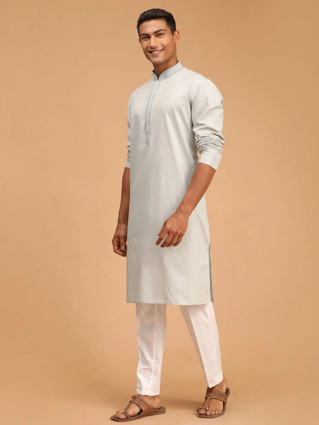 VASTRAMAY Men's Grey Cotton Kurta and Pant Style Pyjama Set