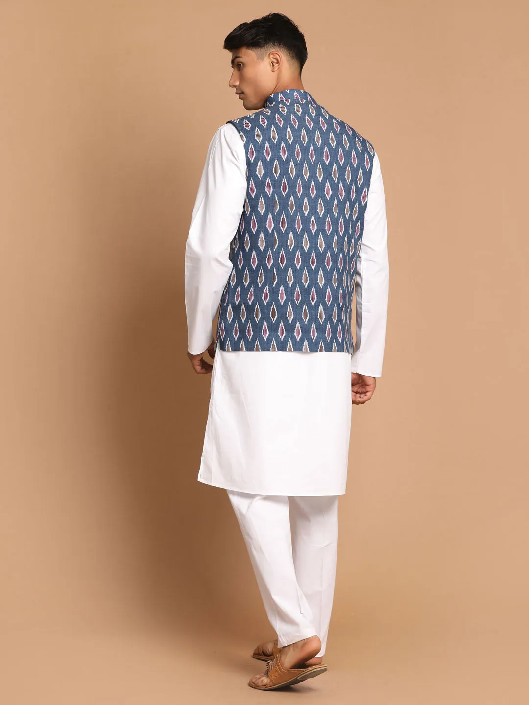 VASTRAMAY Men's Grey Printed Cotton Nehru Jacket With White Kurta And Pant Set