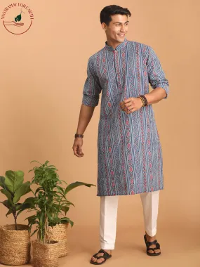 Vastramay Men's Indigo Printed cotton Kurta with White Pant set