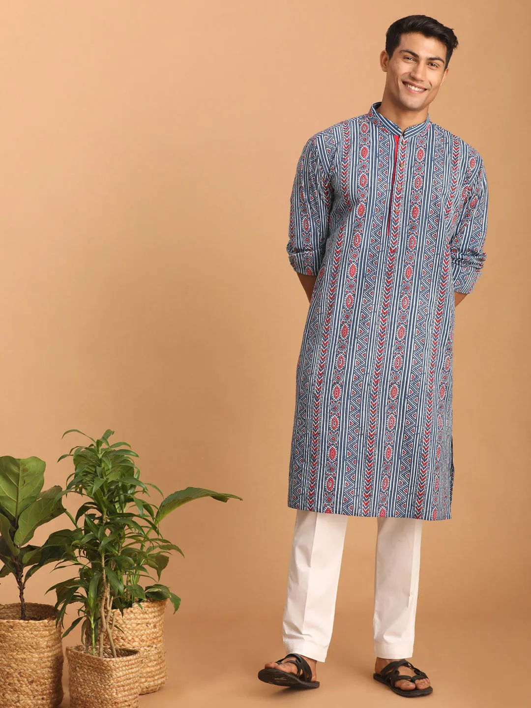 Vastramay Men's Indigo Printed cotton Kurta with White Pant set