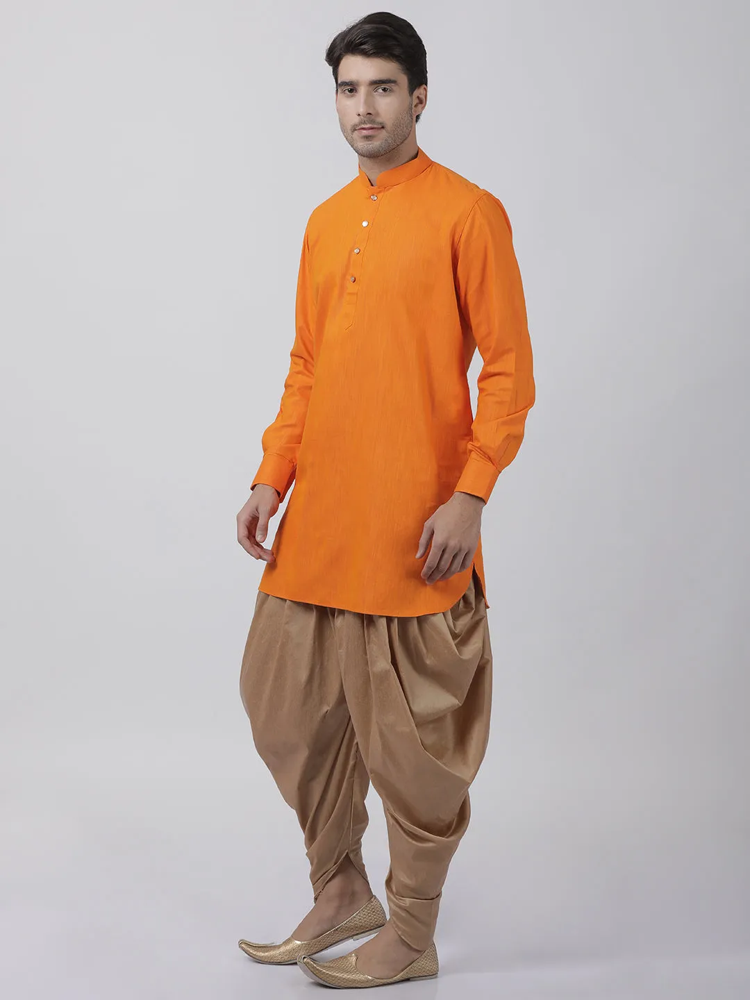 VASTRAMAY Men's Orange Cotton Blend Kurta and Dhoti Pant Set