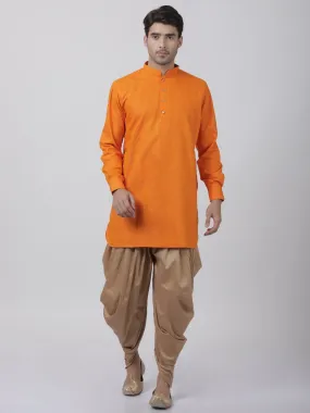 VASTRAMAY Men's Orange Cotton Blend Kurta and Dhoti Pant Set