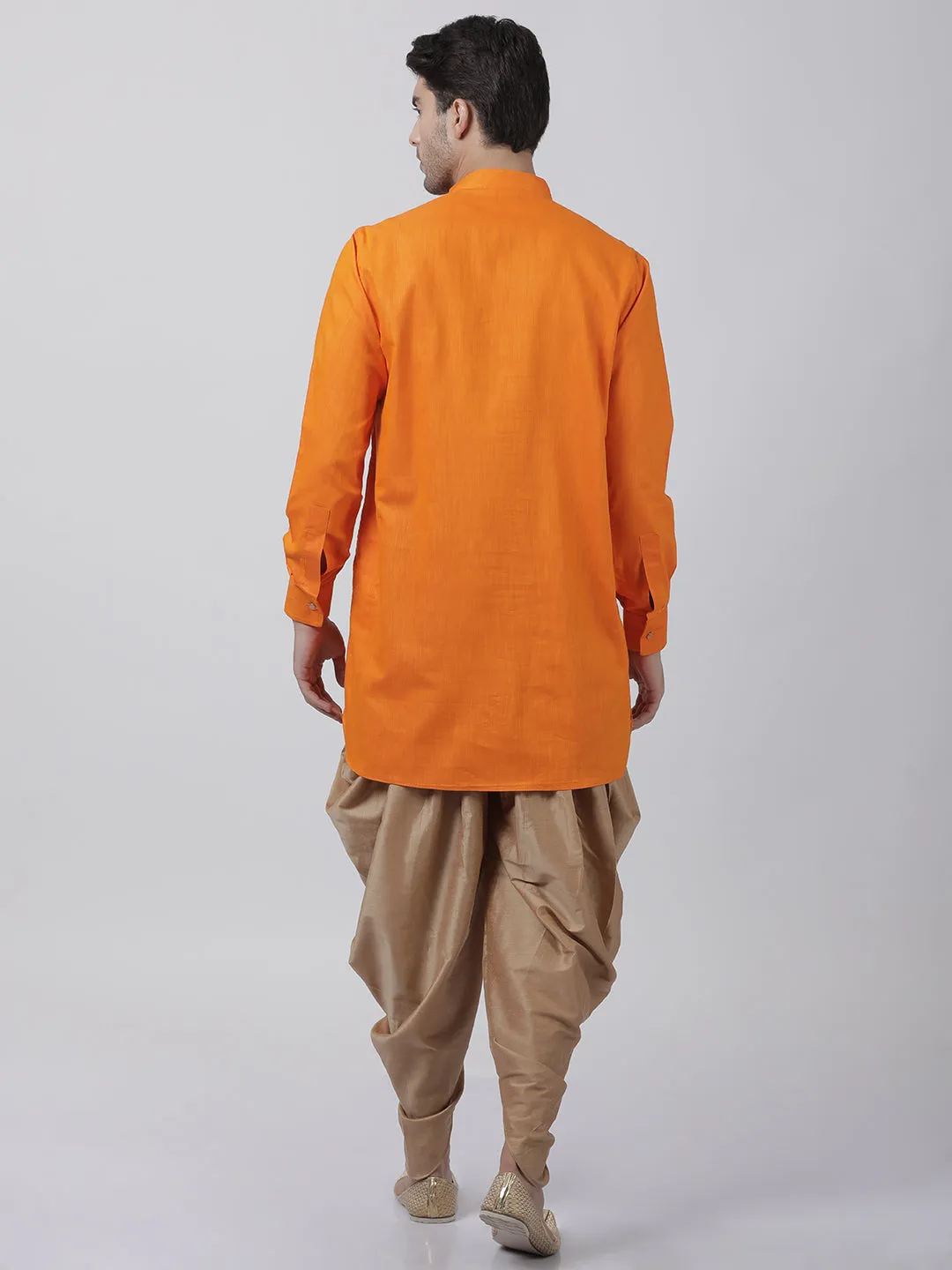 VASTRAMAY Men's Orange Cotton Blend Kurta and Dhoti Pant Set