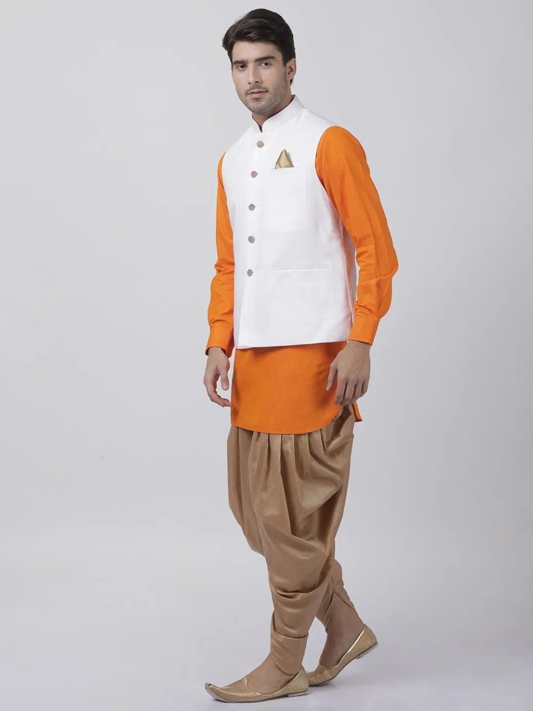 VASTRAMAY Men's Orange Cotton Blend Kurta, White Ethnic Jacket and Dhoti Pant Set