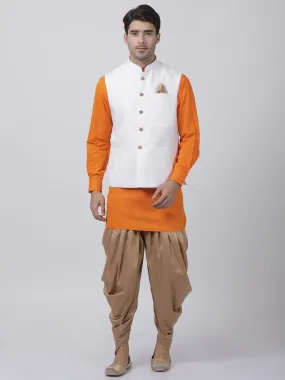 VASTRAMAY Men's Orange Cotton Blend Kurta, White Ethnic Jacket and Dhoti Pant Set